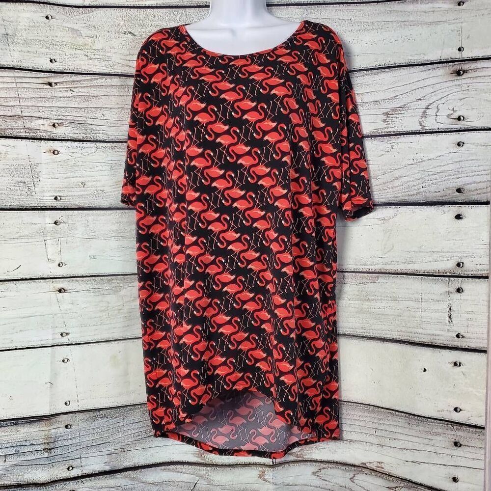 LuLaRoe Carly Dress S Black Red Flamingo Print High-Low Hem Short Sleeve Simply
